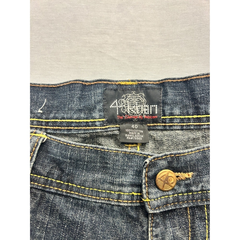Akademiks Khan Men 40 Dark Wash Denim Shorts Baggy Y2K Streetwear Yellow Stitch - Picture 8 of 9